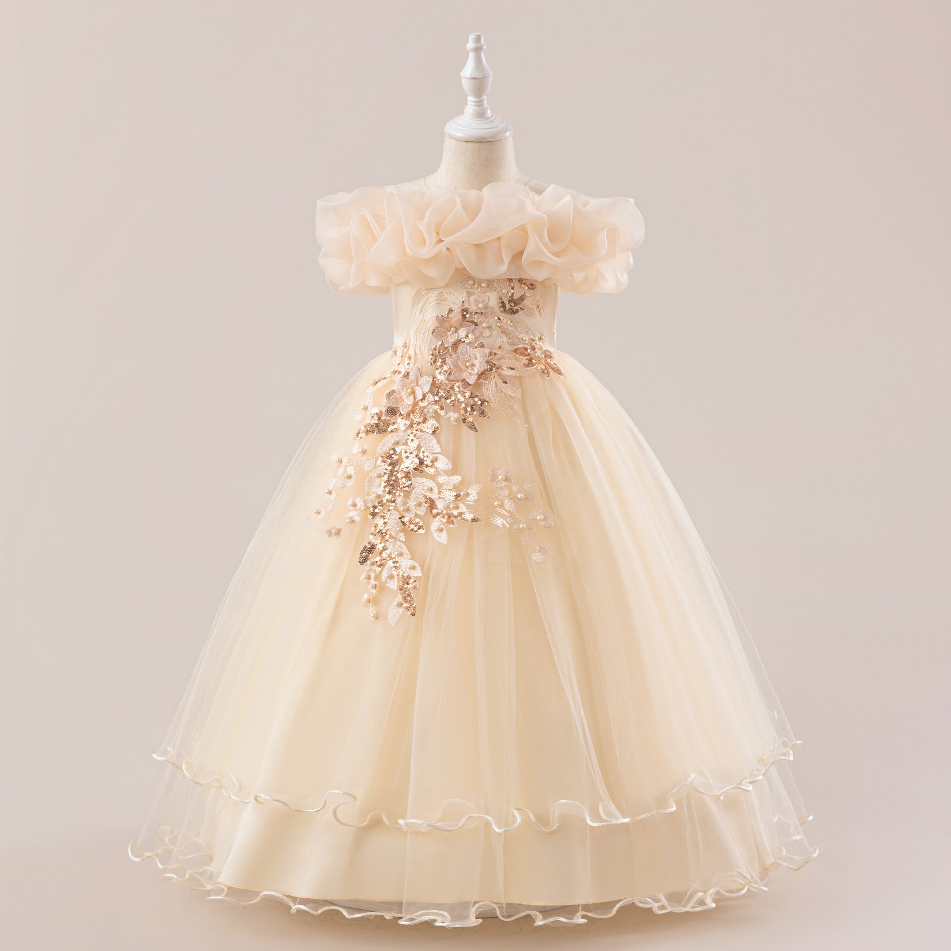 Off Shoulder A-line Tulle Princess Dress for Girls | Maxi Flower Girl Gown