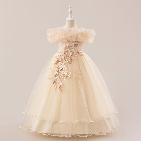 Off Shoulder A-line Tulle Princess Dress for Girls | Maxi Flower Girl Gown