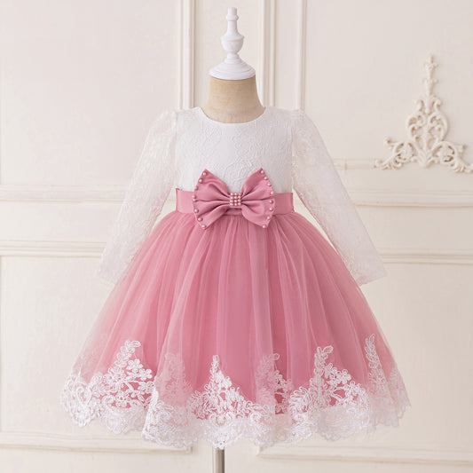 Cute Pink Lace & Tulle Flower Girl Dress with Bow – Party & Wedding Outfit for Girls