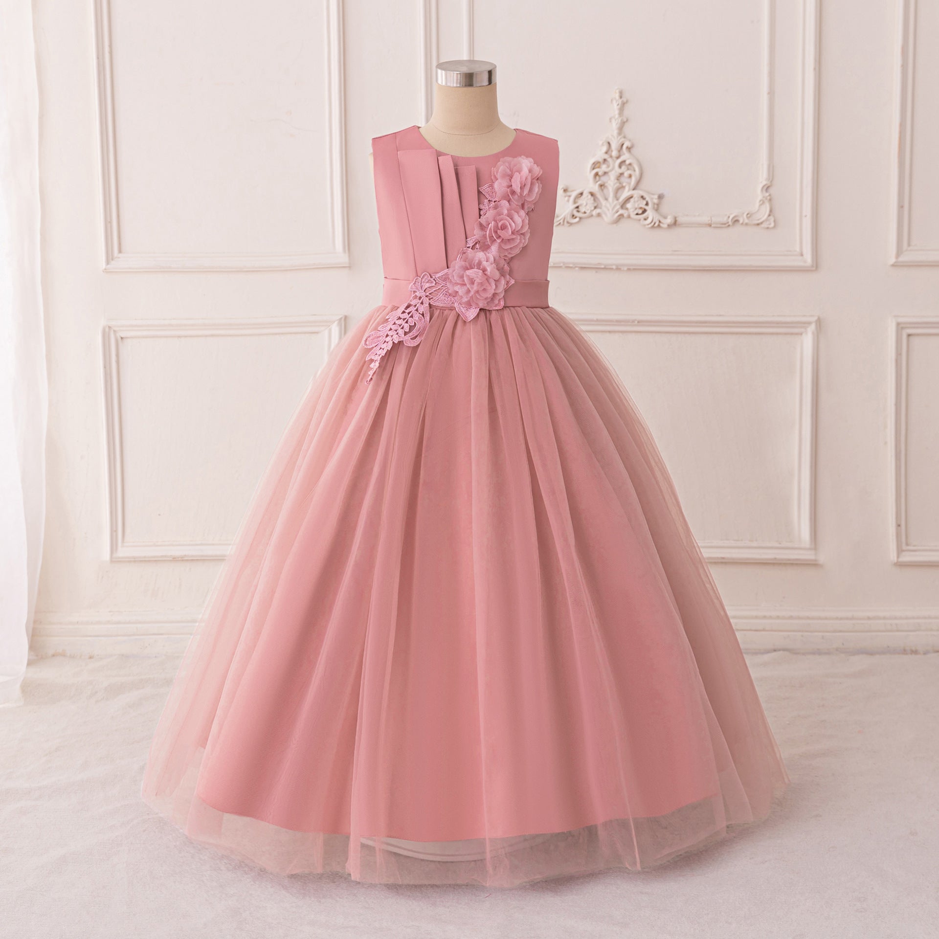 Cute Pink Maxi A-Line Dress for Girls – Applique Tulle Party & Flower Girl Gown