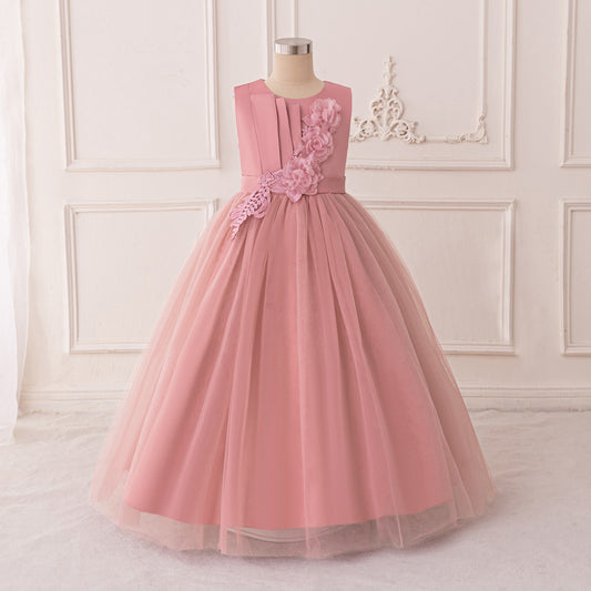 Cute Pink Maxi A-Line Dress for Girls – Applique Tulle Party & Flower Girl Gown