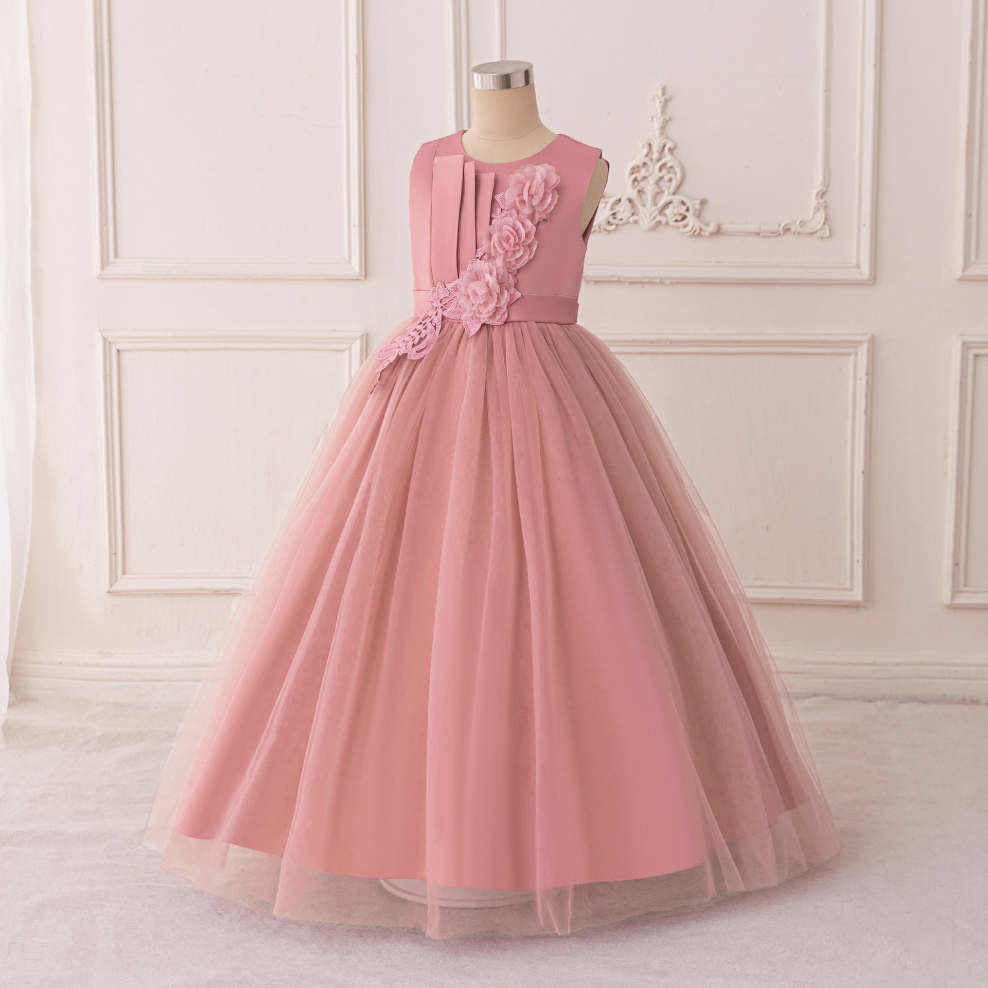 Cute Pink Maxi A-Line Dress for Girls – Applique Tulle Party & Flower Girl Gown