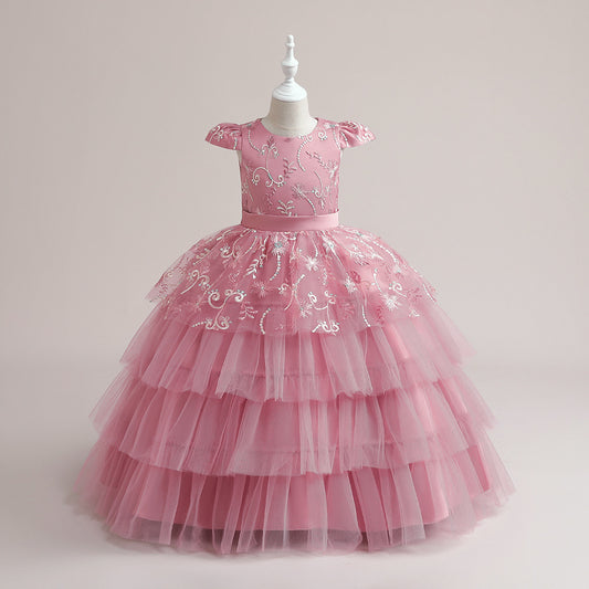 Girls Pink Embroidered Tiered Maxi Dress, Floor Length Tulle Party Gown