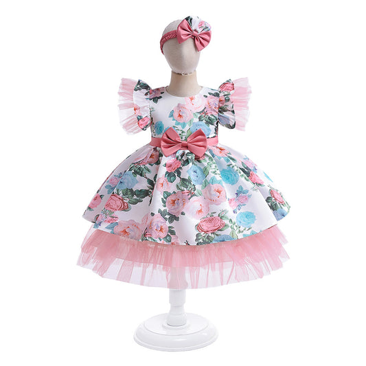 Pink Floral Princess A-Line Dress with Bow for Girls (3-8 Years) | Cute Party & Flower Girl Outfit