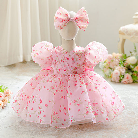 Pink Floral Tulle Princess Ball Gown for Baby Girls – Cute Puff Sleeve Dress