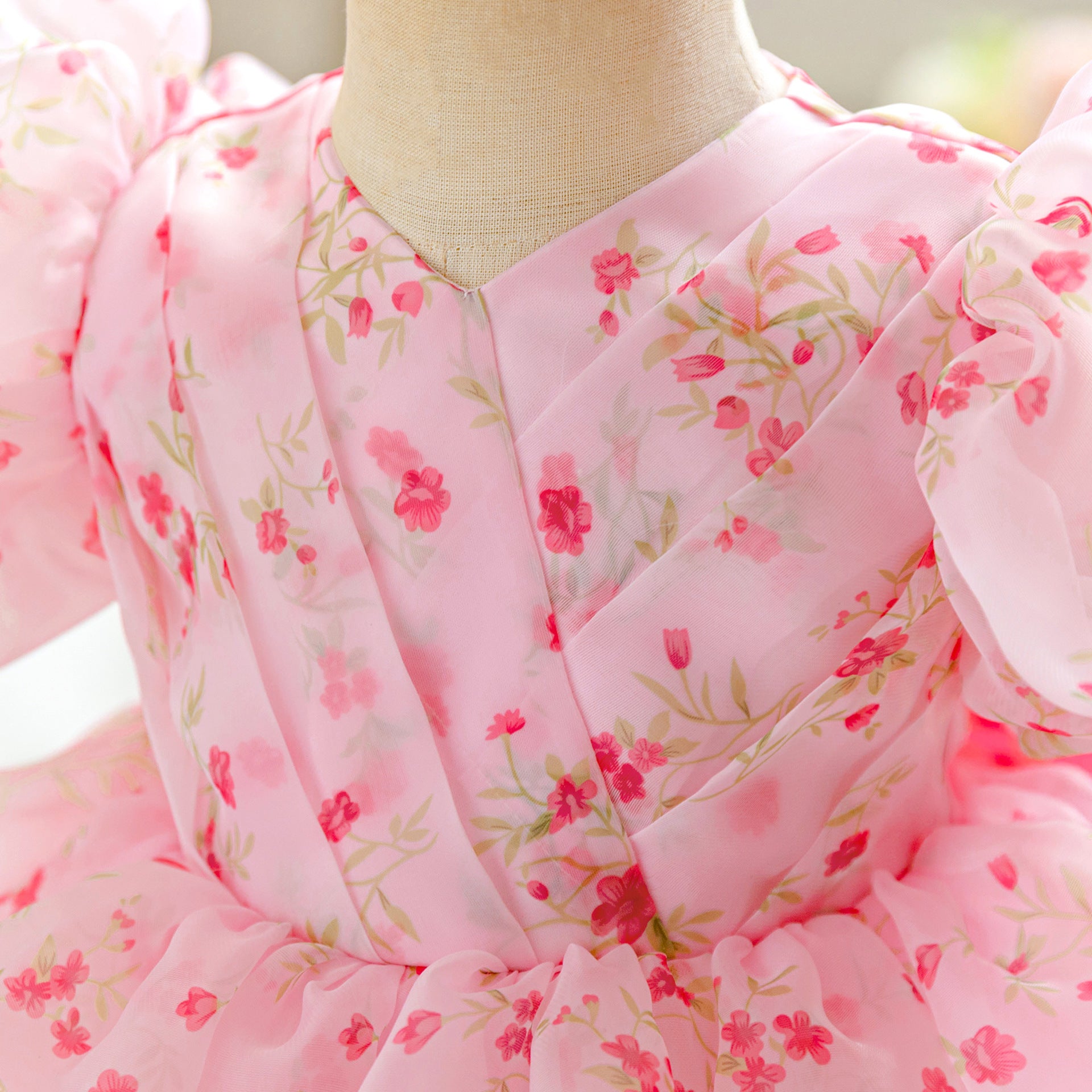 Pink Floral Tulle Princess Ball Gown for Baby Girls – Cute Puff Sleeve Dress