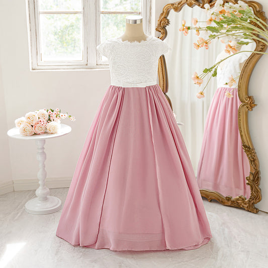 Cute Pink Lace Maxi Dress for Girls | Flutter Sleeve Chiffon Princess Gown