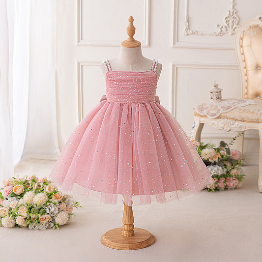 Pink Off-Shoulder Sequin Tulle Princess Dress for Girls, Tea Length Party Gown