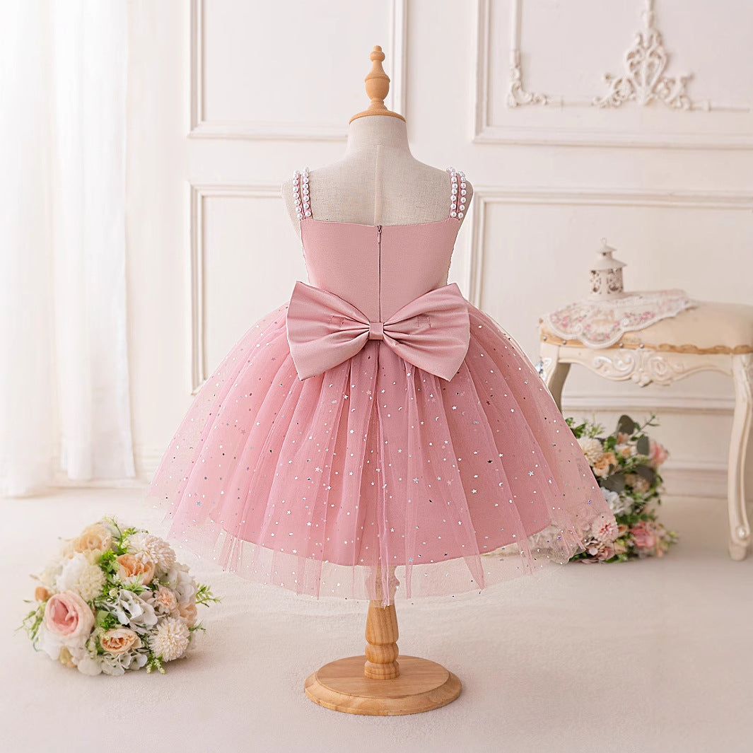 Pink Off-Shoulder Sequin Tulle Princess Dress for Girls, Tea Length Party Gown