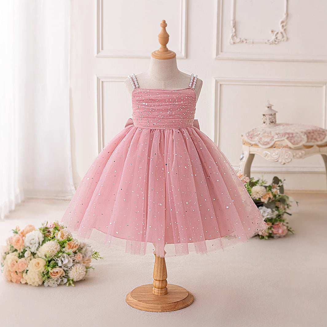 Pink Off-Shoulder Sequin Tulle Princess Dress for Girls, Tea Length Party Gown