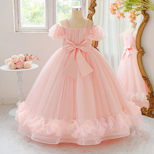 Light Pink Off-Shoulder Tulle Princess Dress for Girls | A-Line Maxi Formal Gown