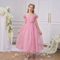 Cute Pink Puff Sleeve Tulle A-Line Dress for Girls
