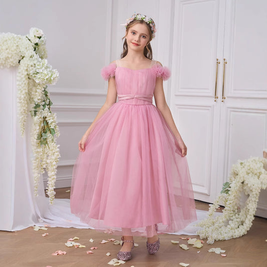 Pink Puff Sleeve Tulle Dress for Girls | Off Shoulder A-Line Tea Length