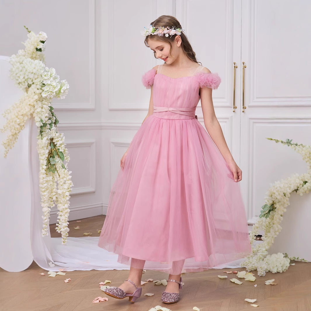 Pink Puff Sleeve Tulle Dress for Girls | Off Shoulder A-Line Tea Length