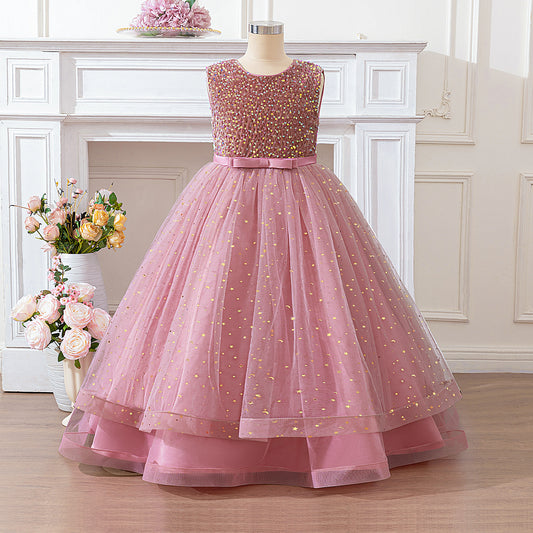Girls Pink Sequin Maxi Dress – Cute A-line Flower Girl & Party Gown