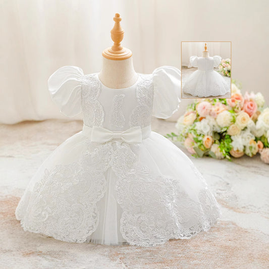 Cute Puffy Ball Gown Dress for Baby Girls – White Lace Tea-Length Party Dress