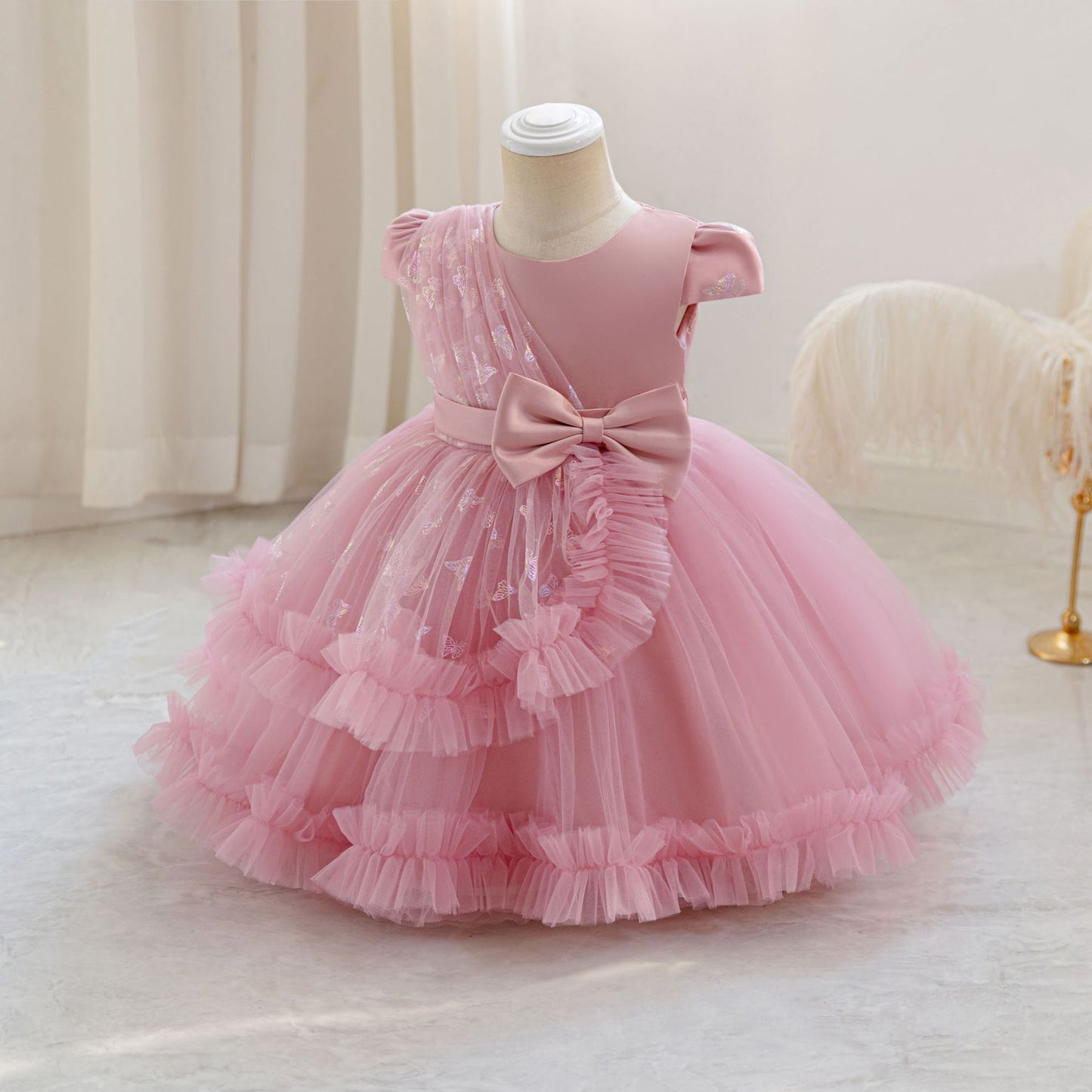 Puffy Mesh Ball Gown Dress with Bow – Toddler Girl Tea Length Party Dress