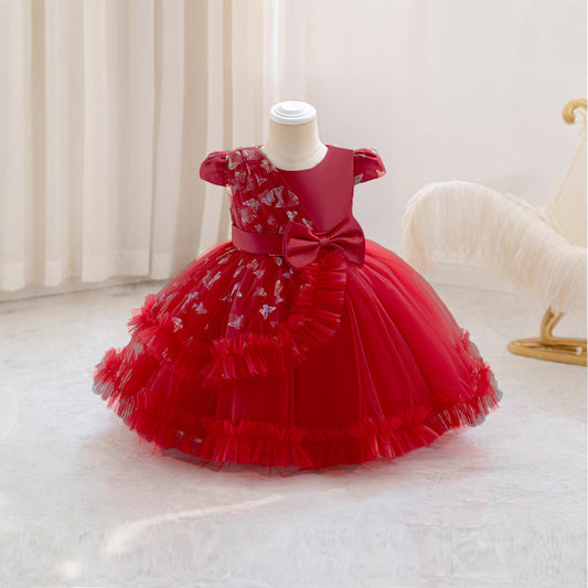Puffy Mesh Ball Gown Dress with Bow – Toddler Girl Tea Length Party Dress