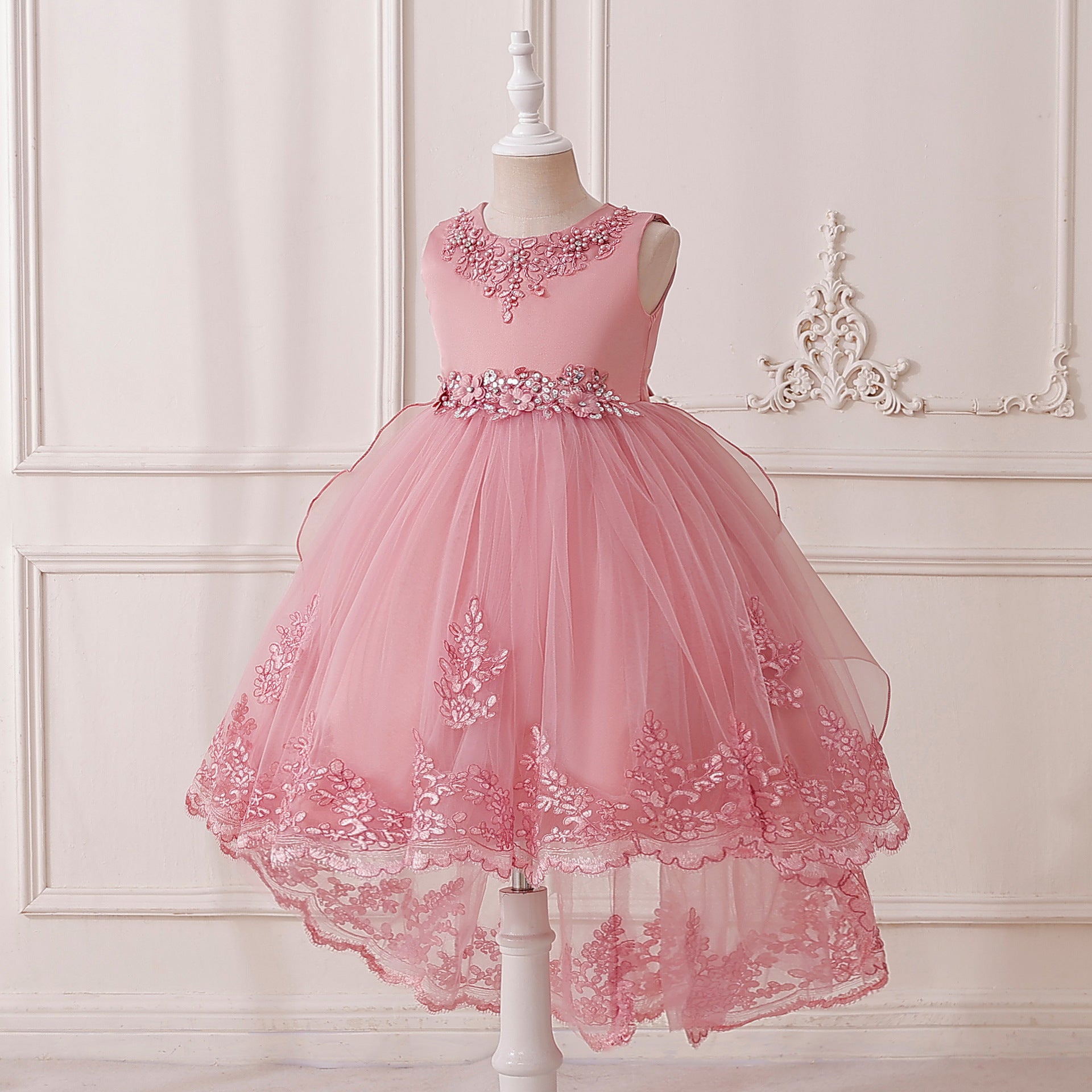 Puffy High-Low Tulle Princess Dress for Girls with Lace and Bow – Party, Wedding & Formal