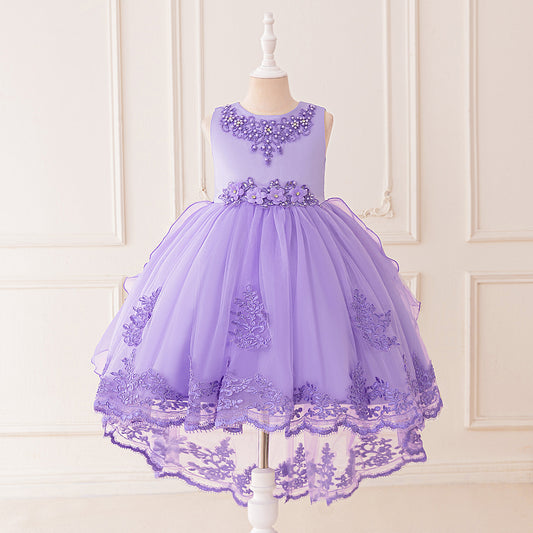 Puffy High-Low Tulle Princess Dress for Girls with Lace and Bow – Party, Wedding & Formal