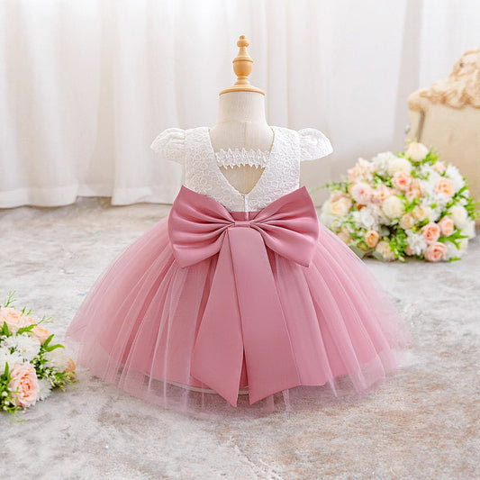 Puffy Pink Princess Dress for Girls with Bowknot – Lace & Tulle Ball Gown