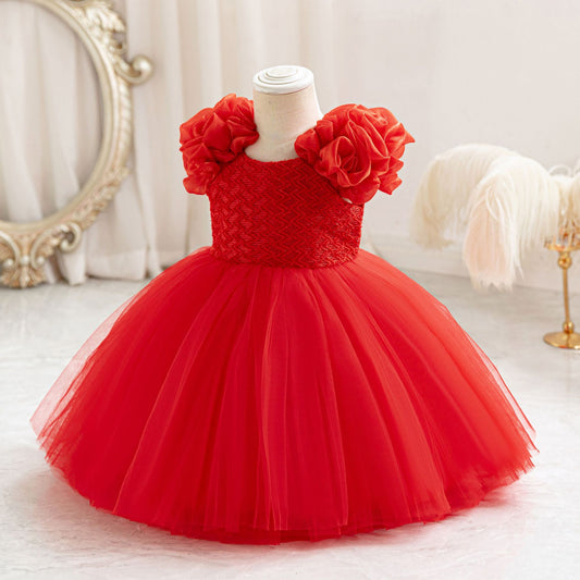 Cute Puffy Mesh Ball Gown Dress for Baby Girls | Tea Length Princess Frock