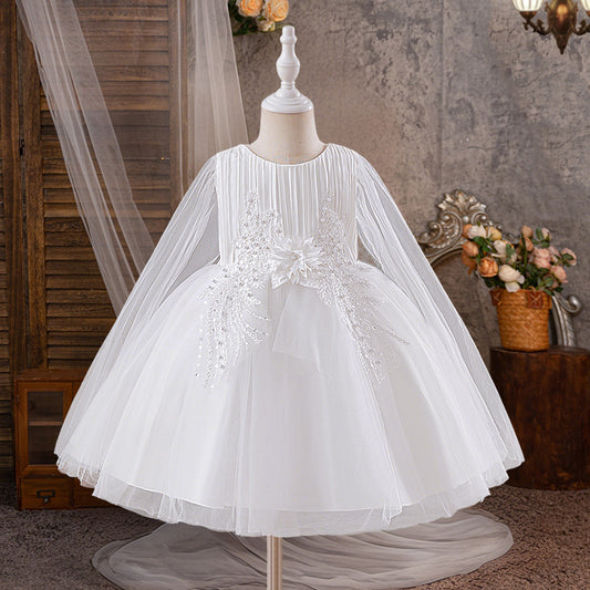 White Puffy Mesh Ball Gown for Girls – Cute Sequin Lace Princess Dress