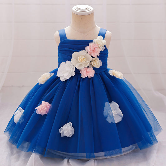 Puffy Mesh Off Shoulder Flower Girl Dress – Cute Applique Tea Length Gown for Toddlers