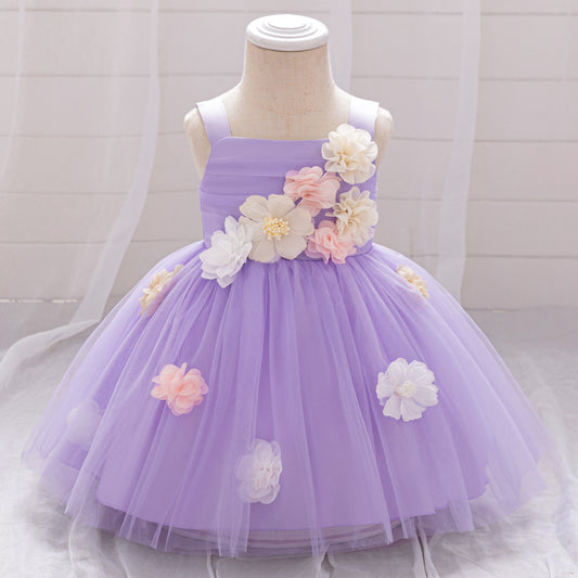 Puffy Mesh Off Shoulder Flower Girl Dress – Cute Applique Tea Length Gown for Toddlers