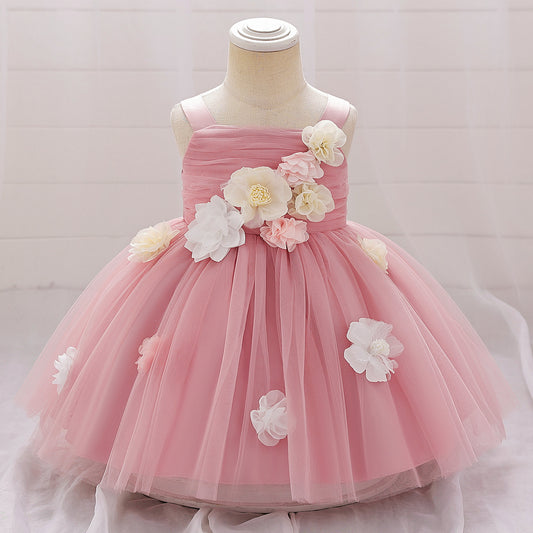 Puffy Mesh Off Shoulder Flower Girl Dress – Cute Applique Tea Length Gown for Toddlers