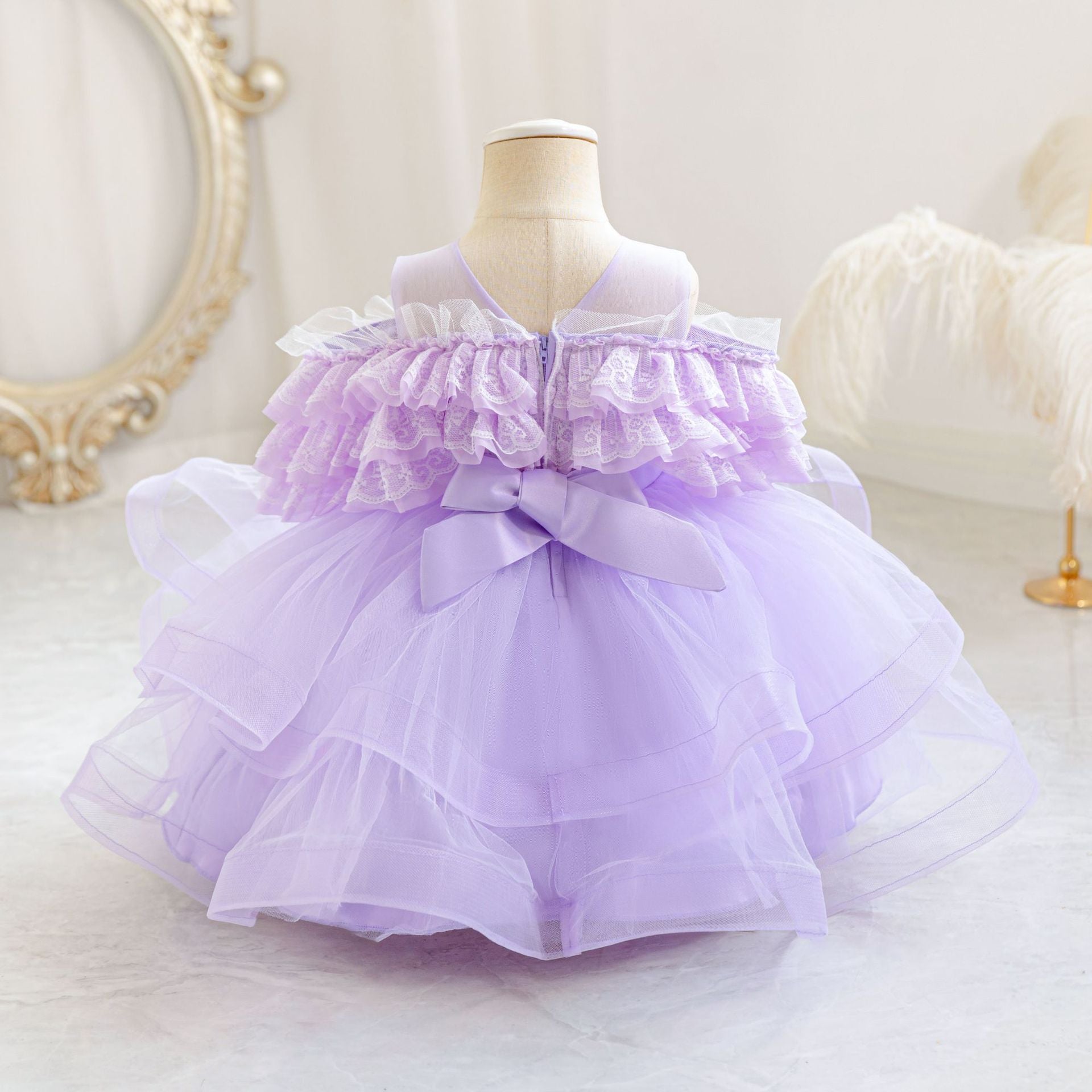 Puffy Off-Shoulder Ball Gown for Girls | Tea Length Mesh Princess Dress