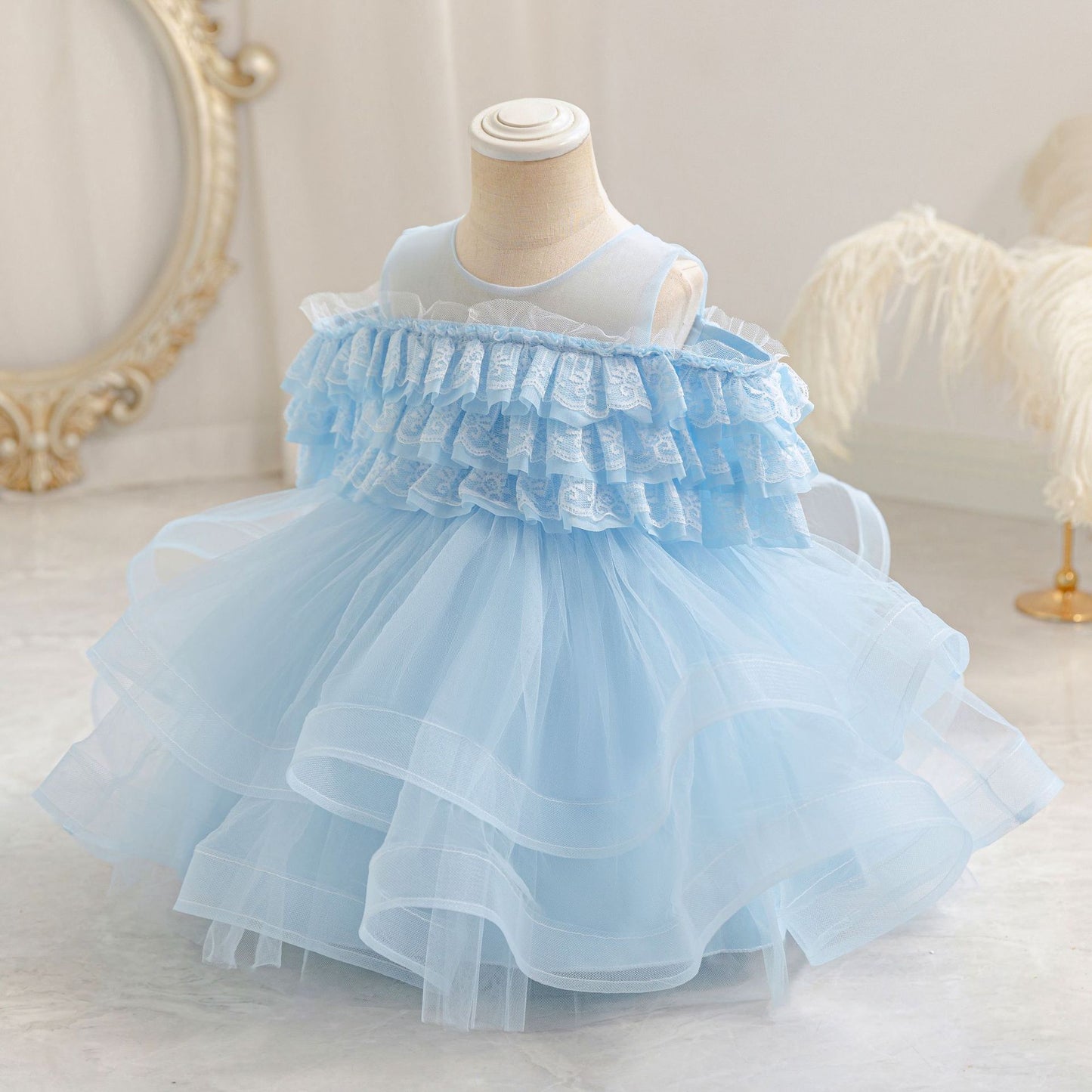Puffy Off-Shoulder Ball Gown for Girls | Tea Length Mesh Princess Dress