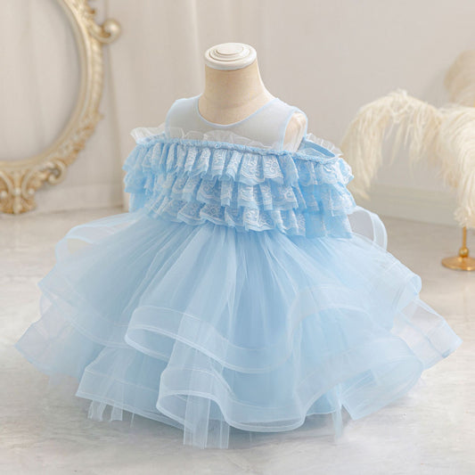 Puffy Off-Shoulder Ball Gown for Girls | Tea Length Mesh Princess Dress