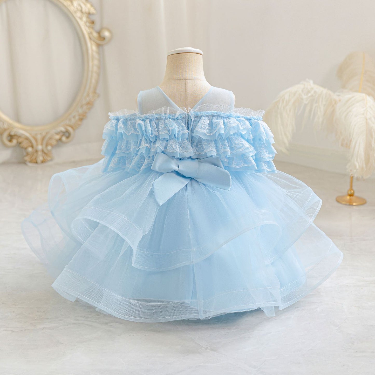 Puffy Off-Shoulder Ball Gown for Girls | Tea Length Mesh Princess Dress