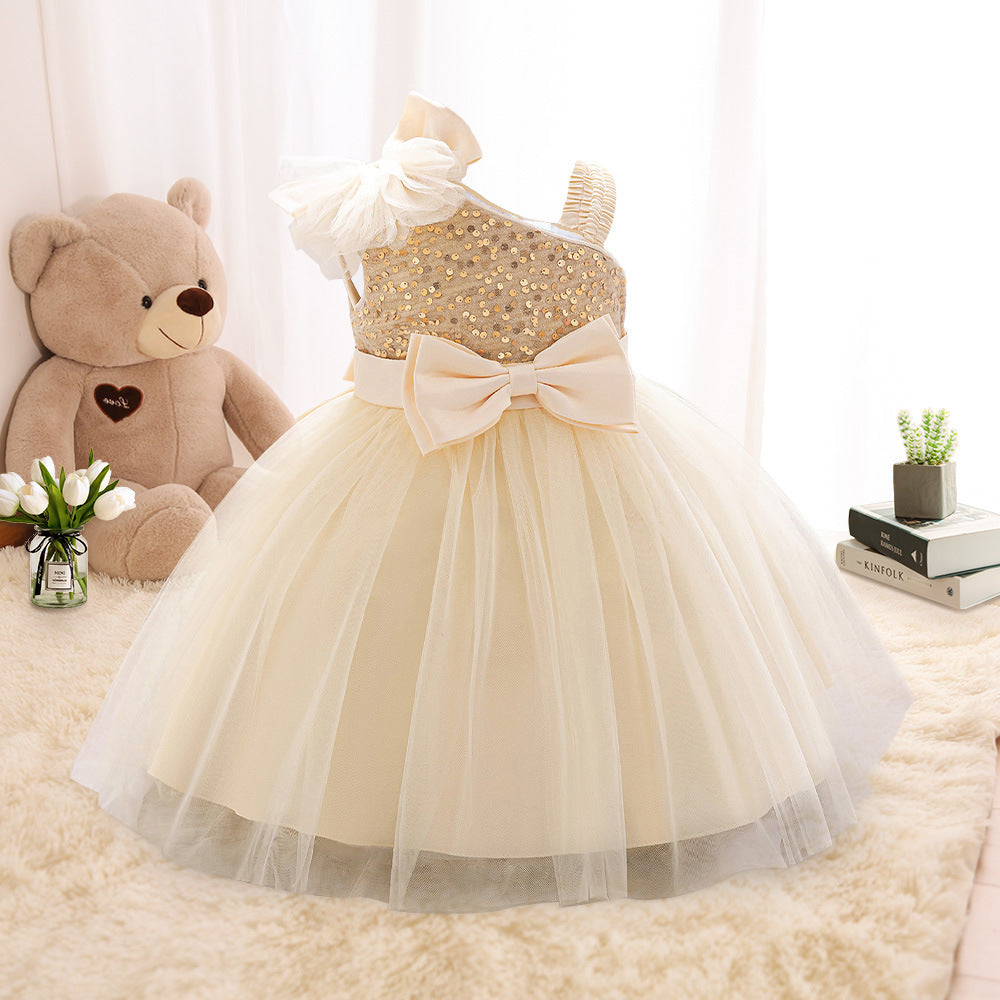 Puffy Off Shoulder Mesh Ball Gown Dress for Girls | Tea Length Princess Party Dress