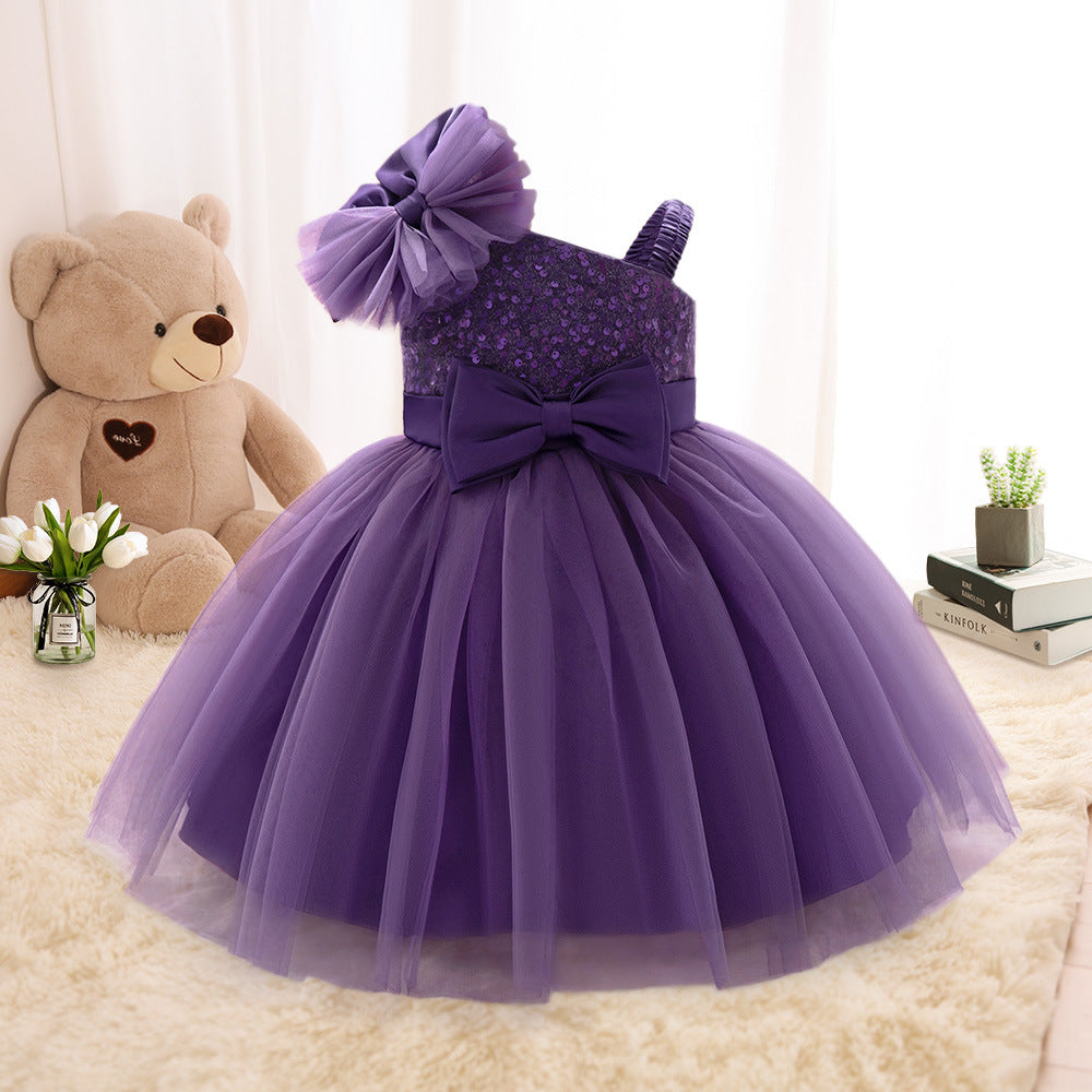 Puffy Off Shoulder Mesh Ball Gown Dress for Girls | Tea Length Princess Party Dress