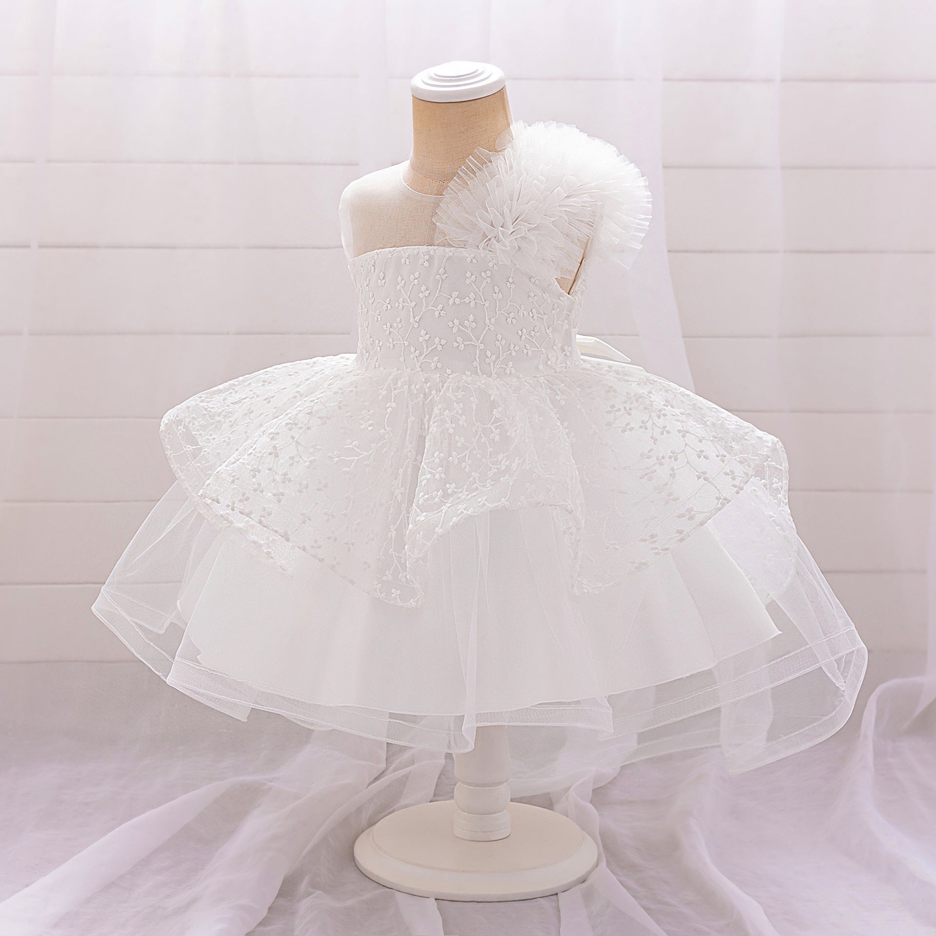 Puffy Off-Shoulder Tulle Princess Dress for Baby Girls | Embroidered Tea Length Party Gown