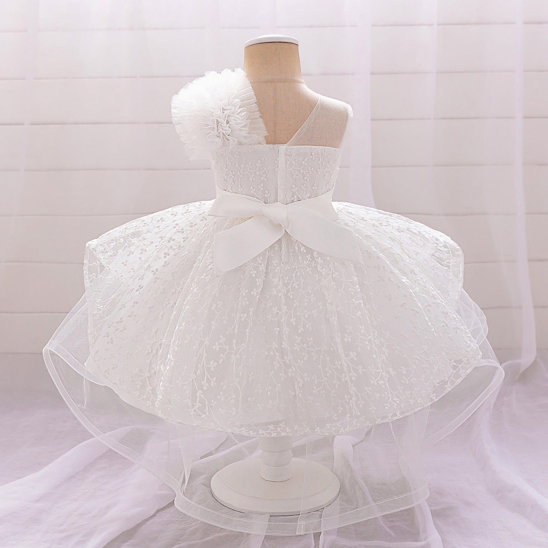Puffy Off-Shoulder Tulle Princess Dress for Baby Girls | Embroidered Tea Length Party Gown