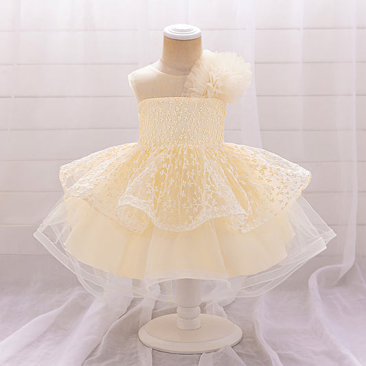 Puffy Off-Shoulder Tulle Princess Dress for Baby Girls | Embroidered Tea Length Party Gown