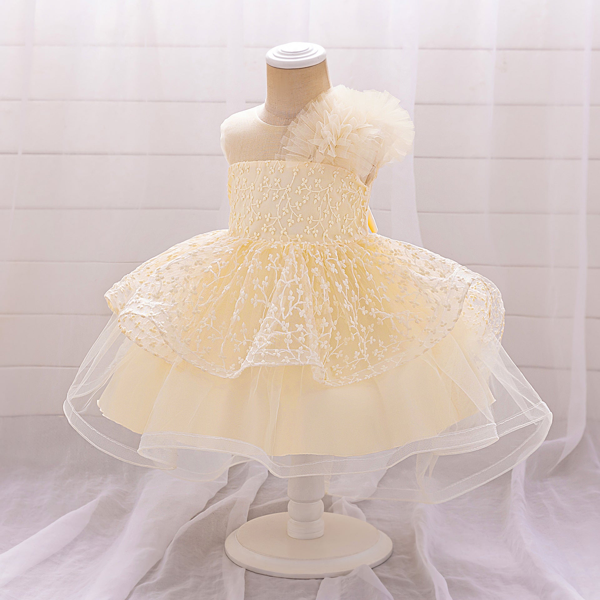 Puffy Off-Shoulder Tulle Princess Dress for Baby Girls | Embroidered Tea Length Party Gown