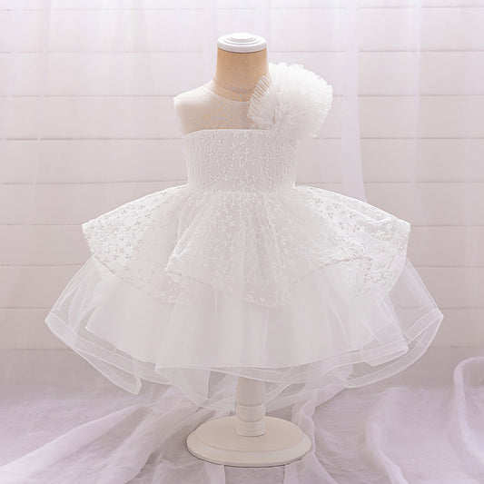 Puffy Off-Shoulder Tulle Princess Dress for Baby Girls | Embroidered Tea Length Party Gown