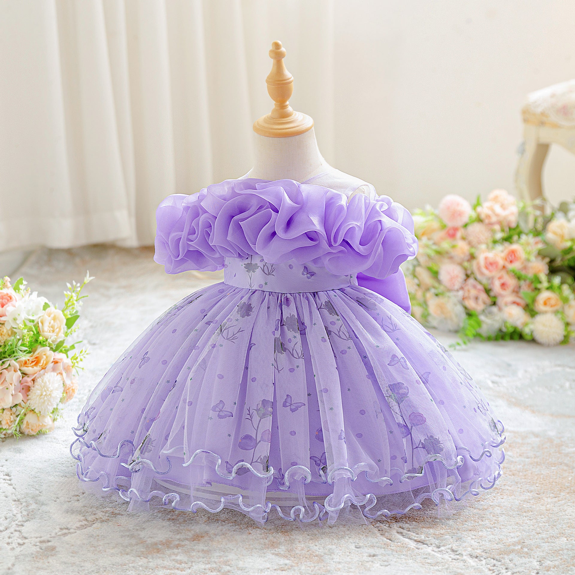 Puffy Off-Shoulder Tulle Ball Gown for Little Girls – Party, Wedding & Celebration Dress