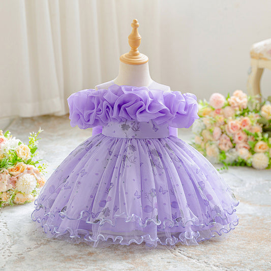 Puffy Off-Shoulder Tulle Ball Gown for Little Girls – Party, Wedding & Celebration Dress