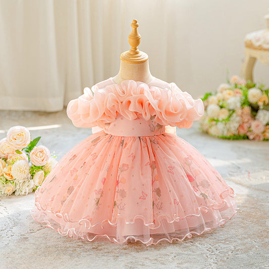 Puffy Off-Shoulder Tulle Ball Gown for Little Girls – Party, Wedding & Celebration Dress