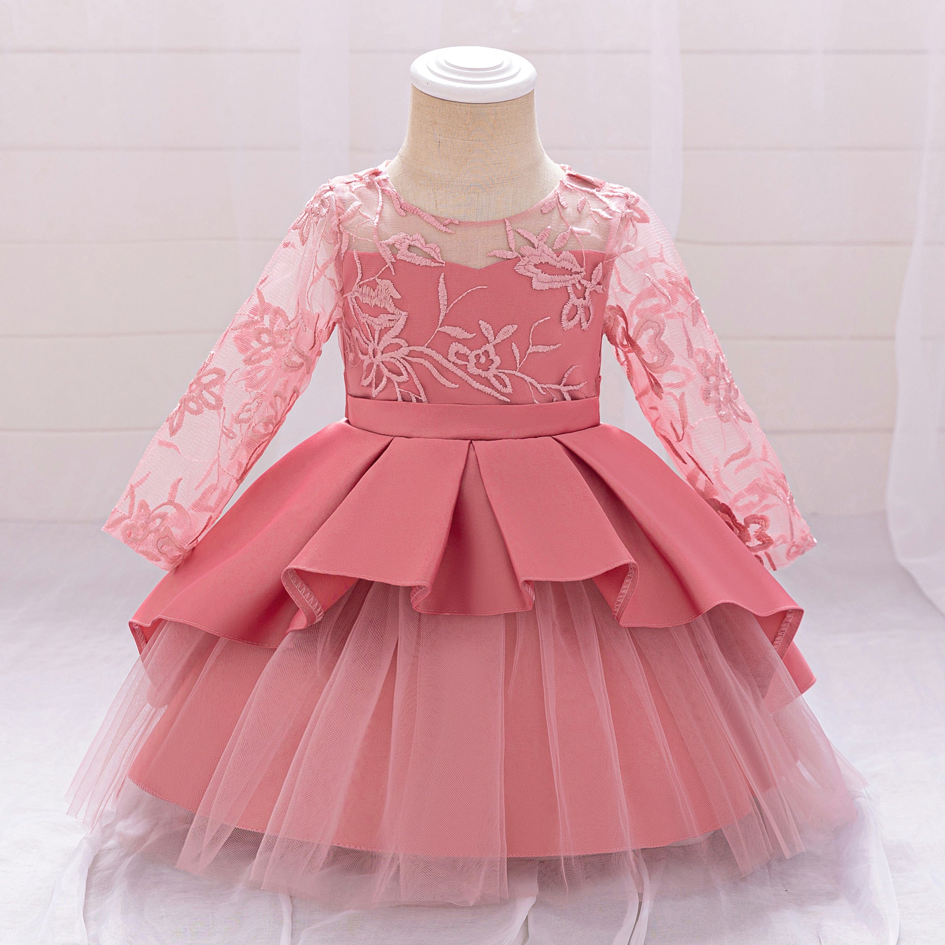 Puffy Satin Floral Embroidered Birthday Dress – Tea Length Princess Gown for Toddlers