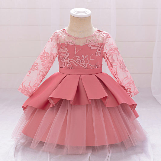 Puffy Satin Floral Embroidered Birthday Dress – Tea Length Princess Gown for Toddlers