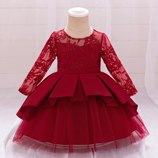 Puffy Satin Floral Embroidered Birthday Dress – Tea Length Princess Gown for Toddlers