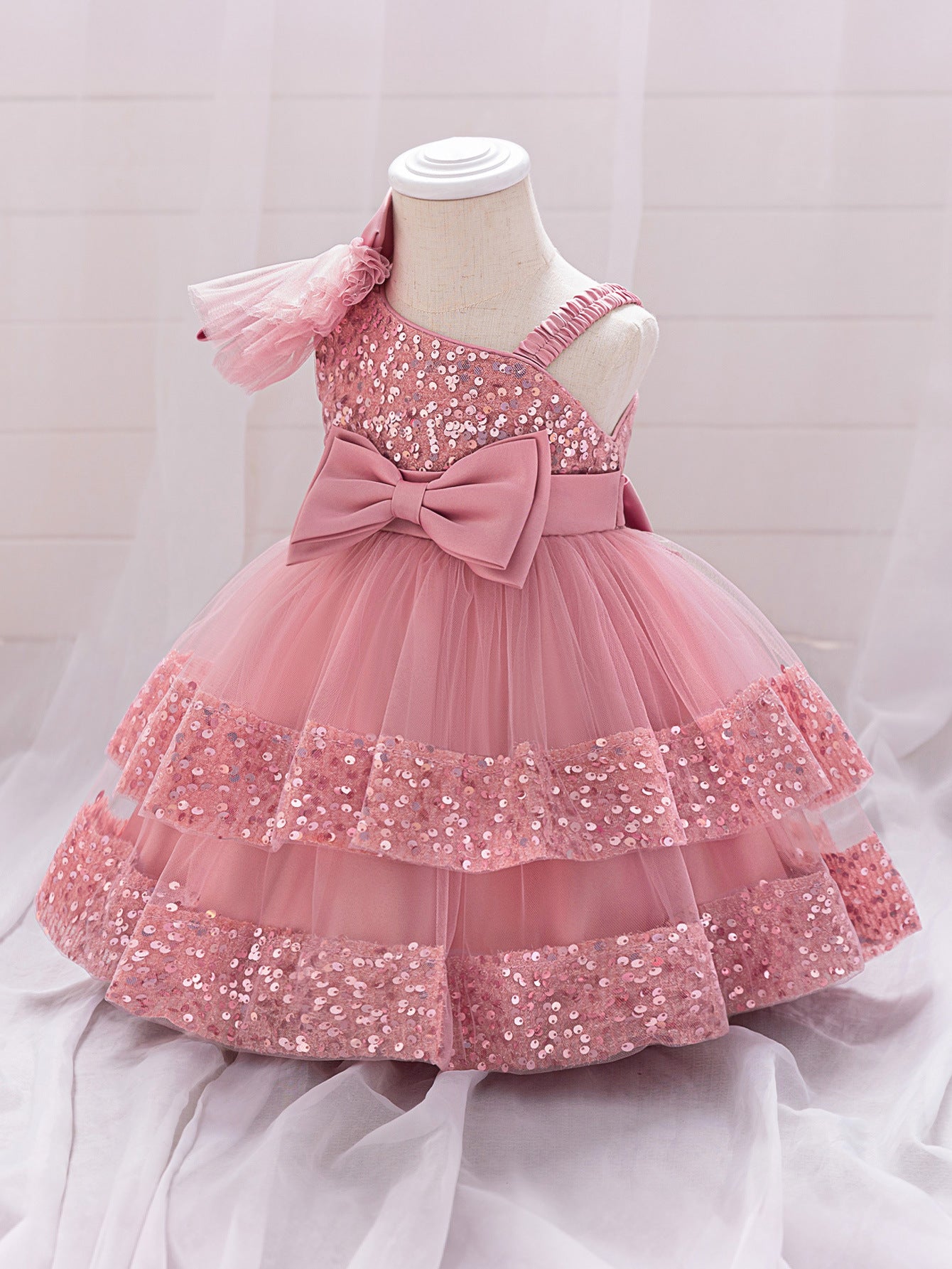 Puffy Sequin Princess Ball Gown Dress for Girls Tea Length – Cute Off Shoulder Flower Girl Outfit