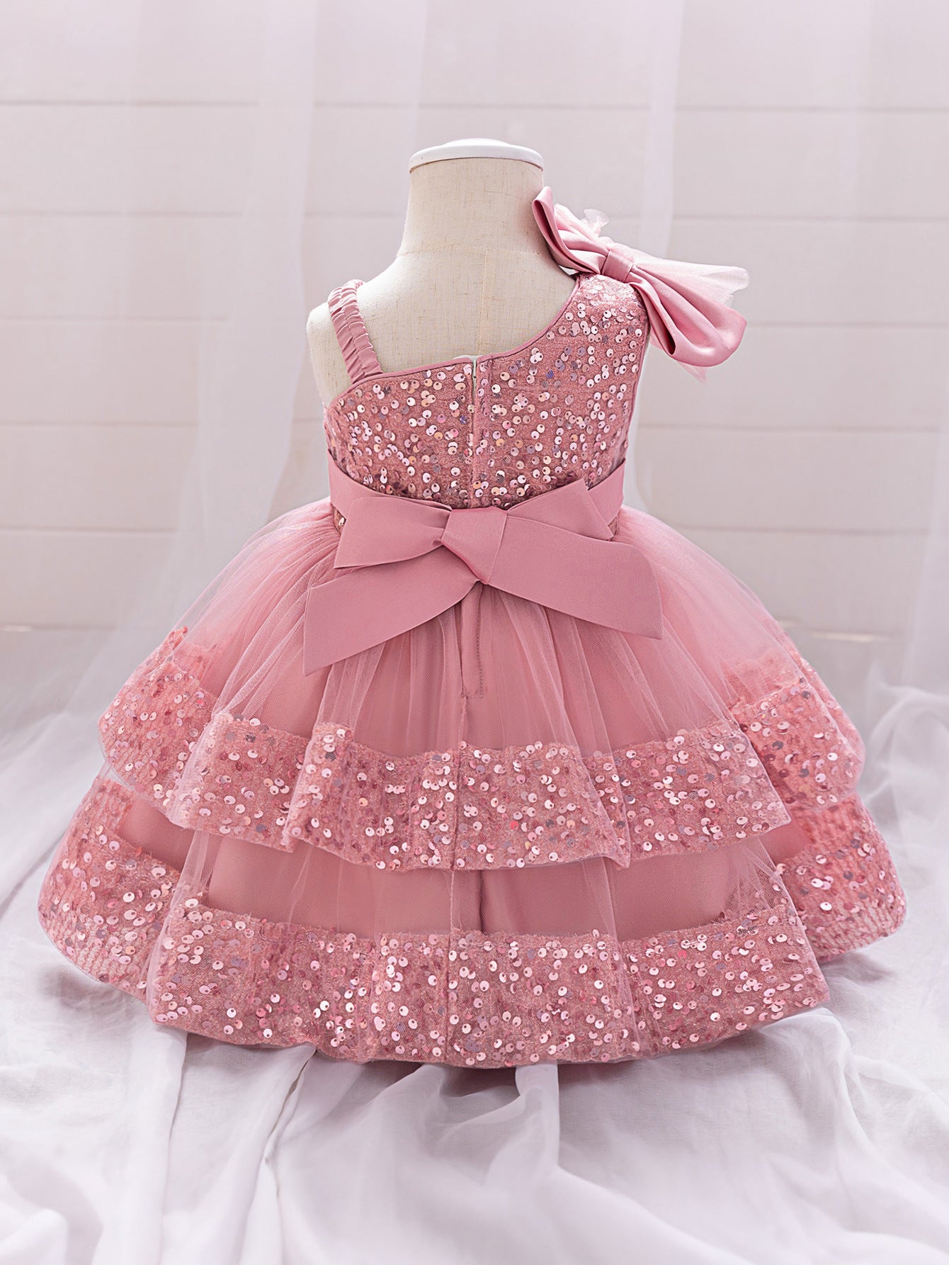 Puffy Sequin Princess Ball Gown Dress for Girls Tea Length – Cute Off Shoulder Flower Girl Outfit