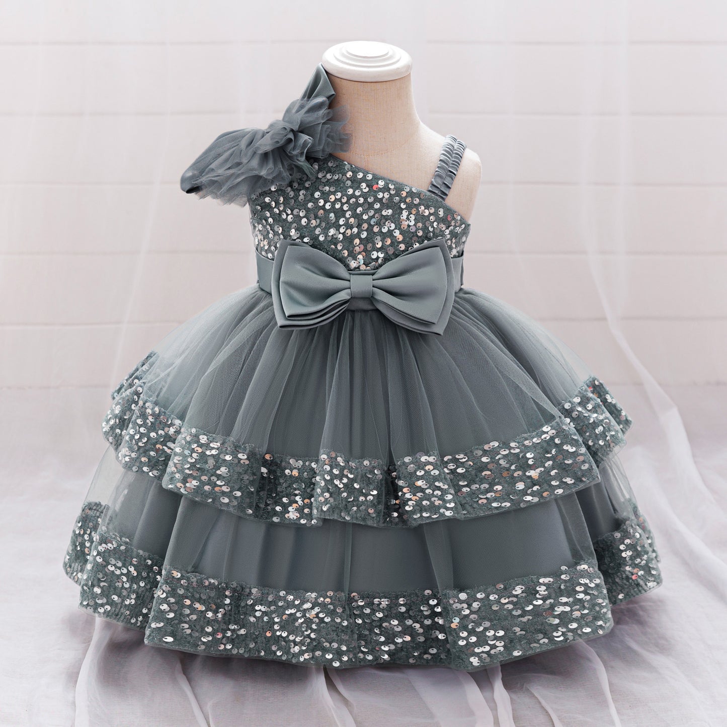 Puffy Sequin Princess Ball Gown Dress for Girls Tea Length – Cute Off Shoulder Flower Girl Outfit